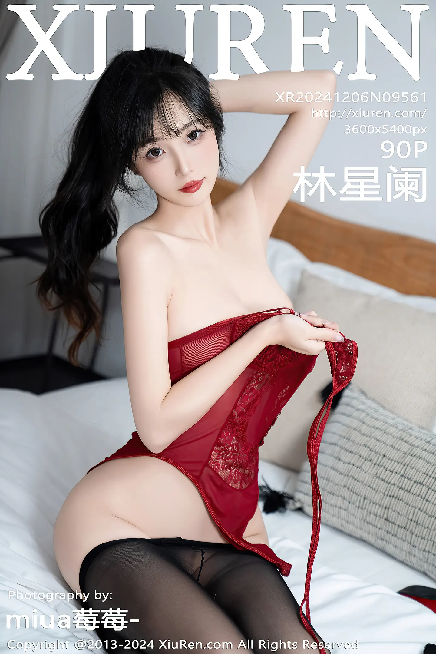 [XiuRen秀人网] VOL.9561 模特林星阑性感红色蕾丝连体衣配黑丝吊袜秀曼妙身姿诱惑写真90P-秀人网官方网站